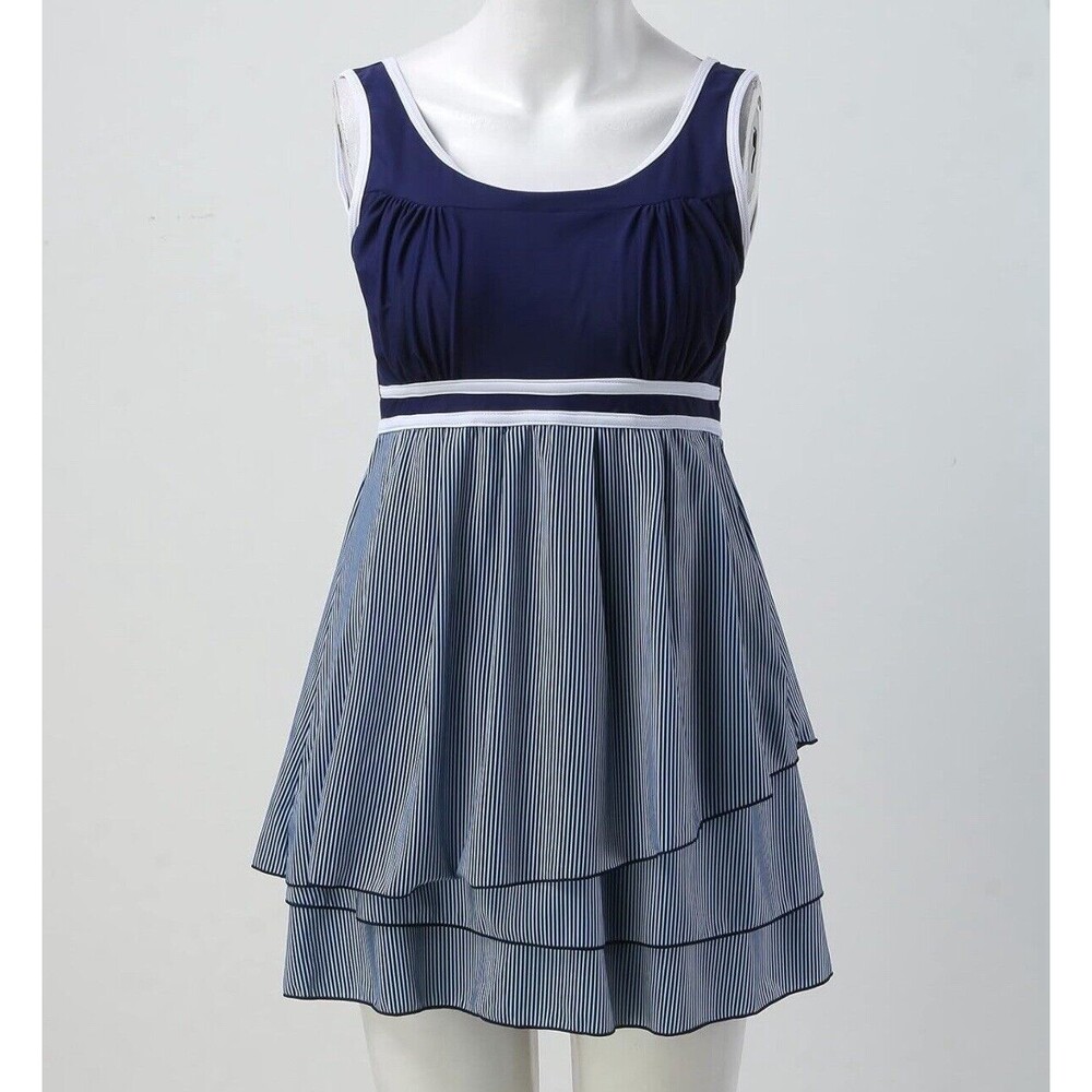 Women’s Tankini Swimsuit with Boy Shorts Two-Piece Ruffle Hem Striped Set - M